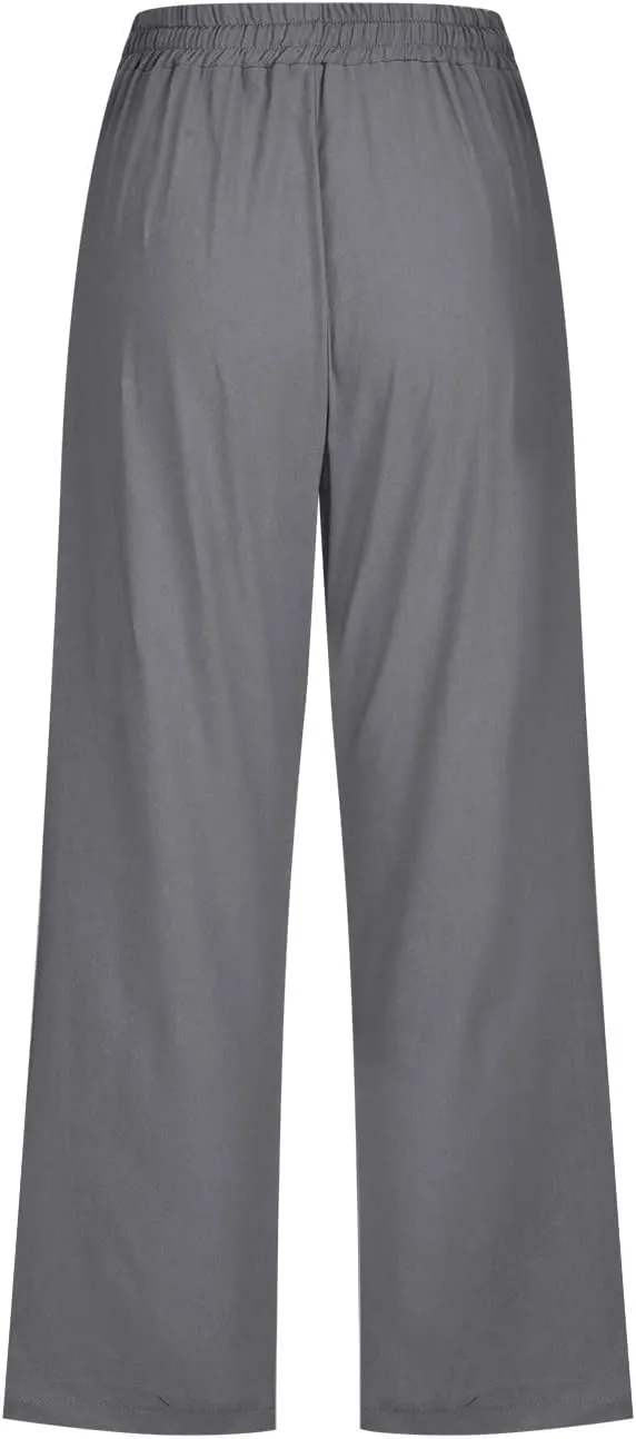 Capri Pants Women Stretch Plus Size Summer Casual Comfy Wide Leg Drawstring Elastic High Waist Linen Straight Trouser