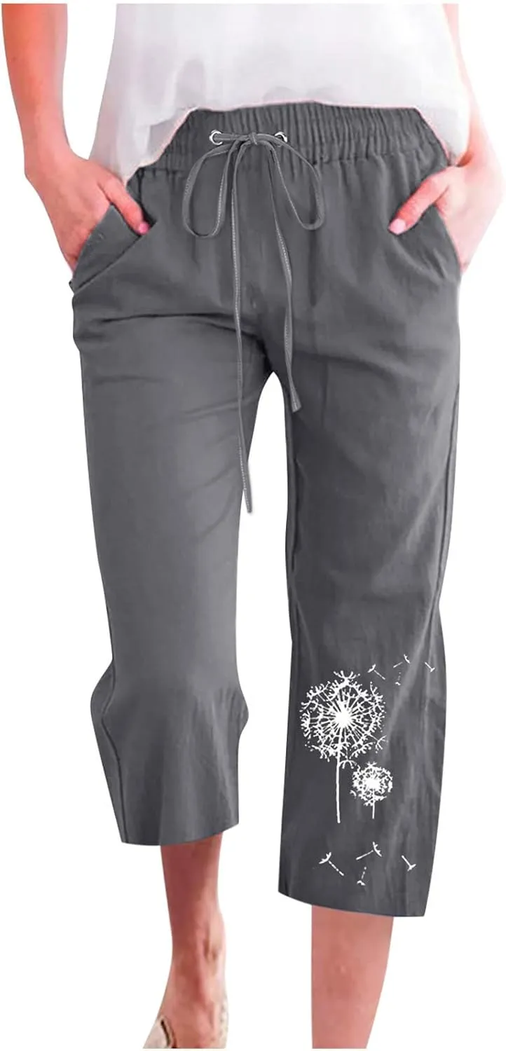 Capri Pants Women Stretch Plus Size Summer Casual Comfy Wide Leg Drawstring Elastic High Waist Linen Straight Trouser
