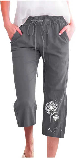 Capri Pants Women Stretch Plus Size Summer Casual Comfy Wide Leg Drawstring Elastic High Waist Linen Straight Trouser