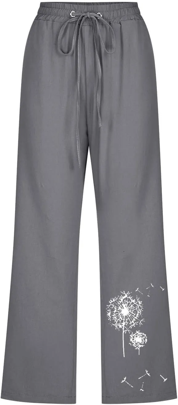 Capri Pants Women Stretch Plus Size Summer Casual Comfy Wide Leg Drawstring Elastic High Waist Linen Straight Trouser