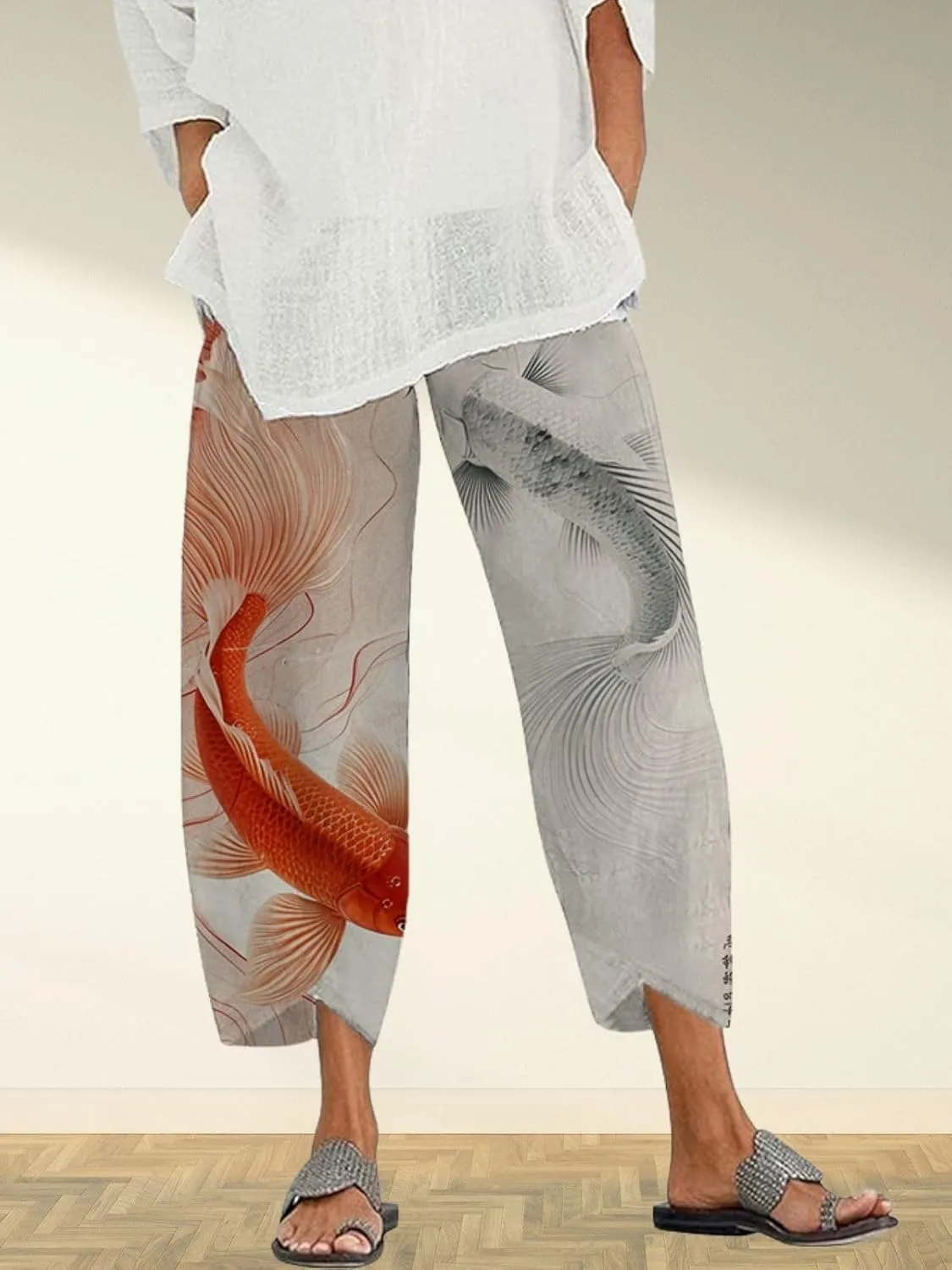 Capris Linen Pants for Women Ocean Japanese Art Printed Baggy Cropped Wide Leg Pallazzo Trousers Pants for Beach