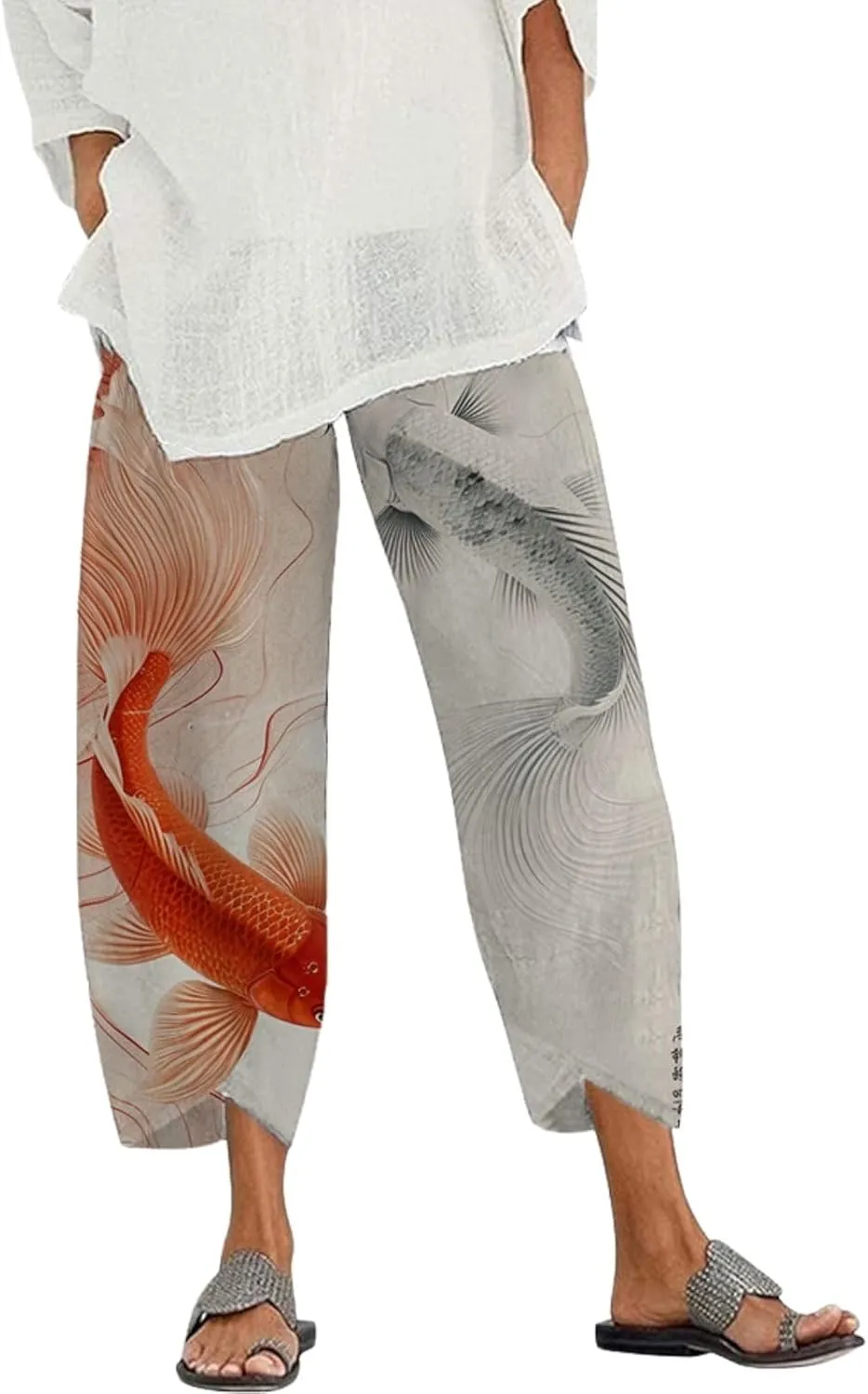 Capris Linen Pants for Women Ocean Japanese Art Printed Baggy Cropped Wide Leg Pallazzo Trousers Pants for Beach