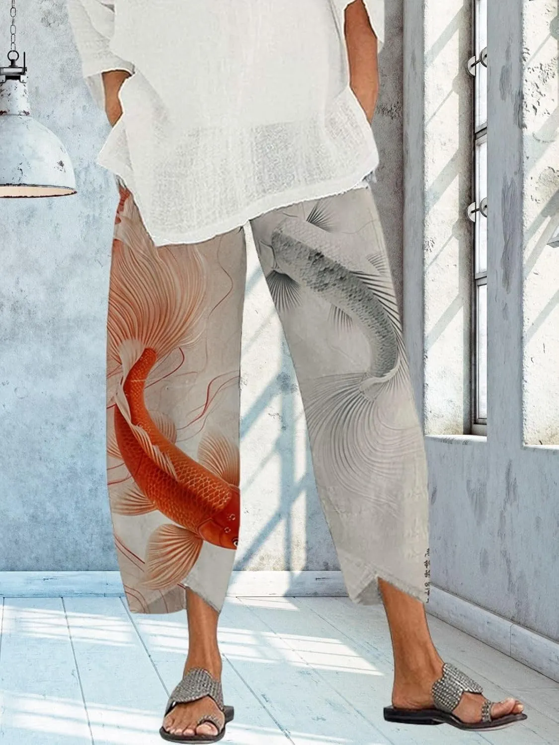Capris Linen Pants for Women Ocean Japanese Art Printed Baggy Cropped Wide Leg Pallazzo Trousers Pants for Beach