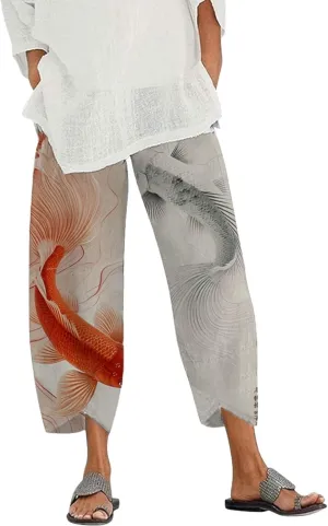 Capris Linen Pants for Women Ocean Japanese Art Printed Baggy Cropped Wide Leg Pallazzo Trousers Pants for Beach