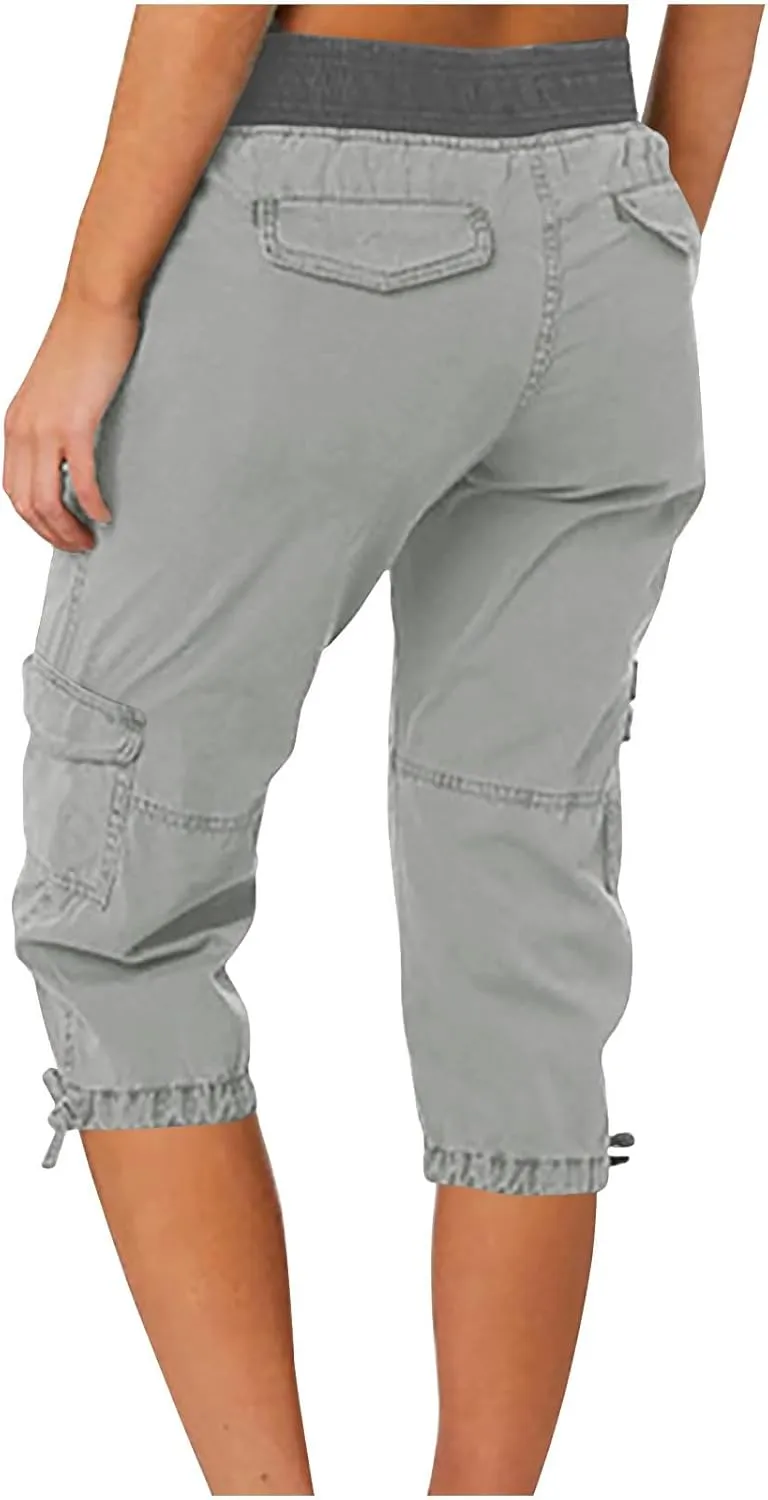 Cargo Capri Pants for Women Stretch High Waist Jogger Sweatpant Casual Lightweight Outdoor Hiking Trouser with Pocket