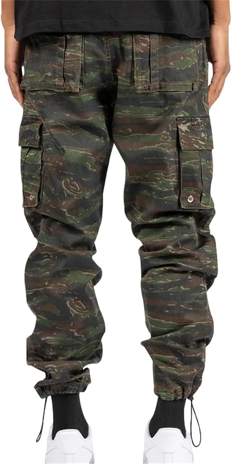 Cargo Pants for Men Hiking Stretch Casual Trendy Pants Elastic Waist Drawstring Outdoor Workout Trousers with Pockets