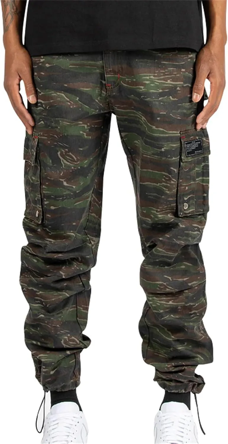 Cargo Pants for Men Hiking Stretch Casual Trendy Pants Elastic Waist Drawstring Outdoor Workout Trousers with Pockets