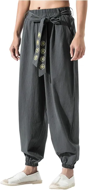Casual Cotton Linen Harem Pants for Mens Loose Fit Elastic Drawstring Waist Trousers Sports Jogger Yoga Long Pant