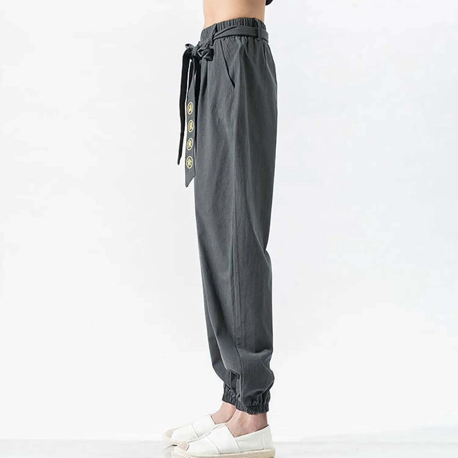 Casual Cotton Linen Harem Pants for Mens Loose Fit Elastic Drawstring Waist Trousers Sports Jogger Yoga Long Pant