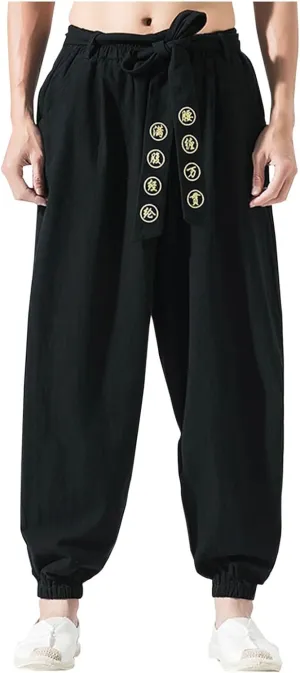 Casual Cotton Linen Harem Pants for Mens Loose Fit Elastic Drawstring Waist Trousers Sports Jogger Yoga Long Pant