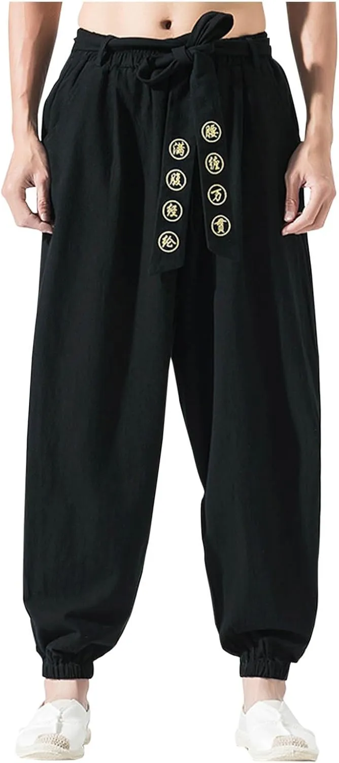 Casual Cotton Linen Harem Pants for Mens Loose Fit Elastic Drawstring Waist Trousers Sports Jogger Yoga Long Pant