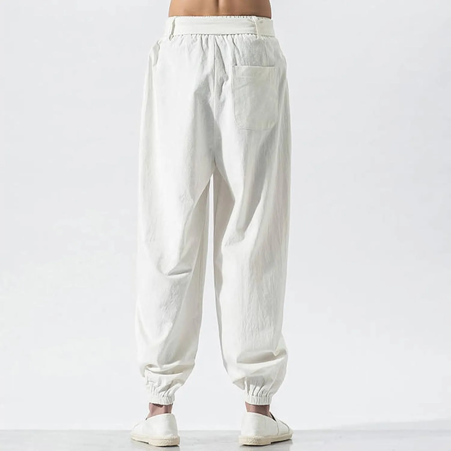 Casual Cotton Linen Harem Pants for Mens Loose Fit Elastic Drawstring Waist Trousers Sports Jogger Yoga Long Pant