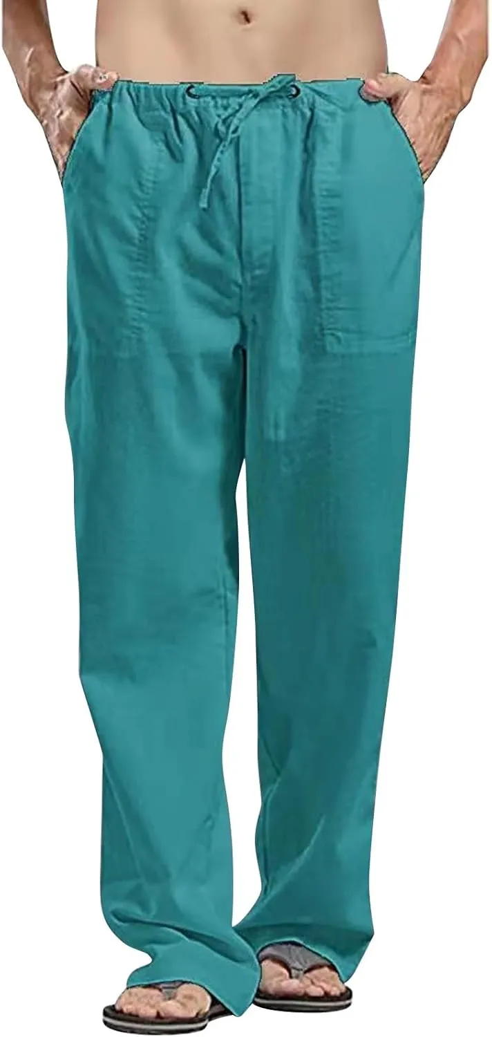 Casual Cotton Linen Pants for Mens Summer Outdoor Hiking Sports Trousers Breathable Work Cargo Pants with Pockets Men's Pants