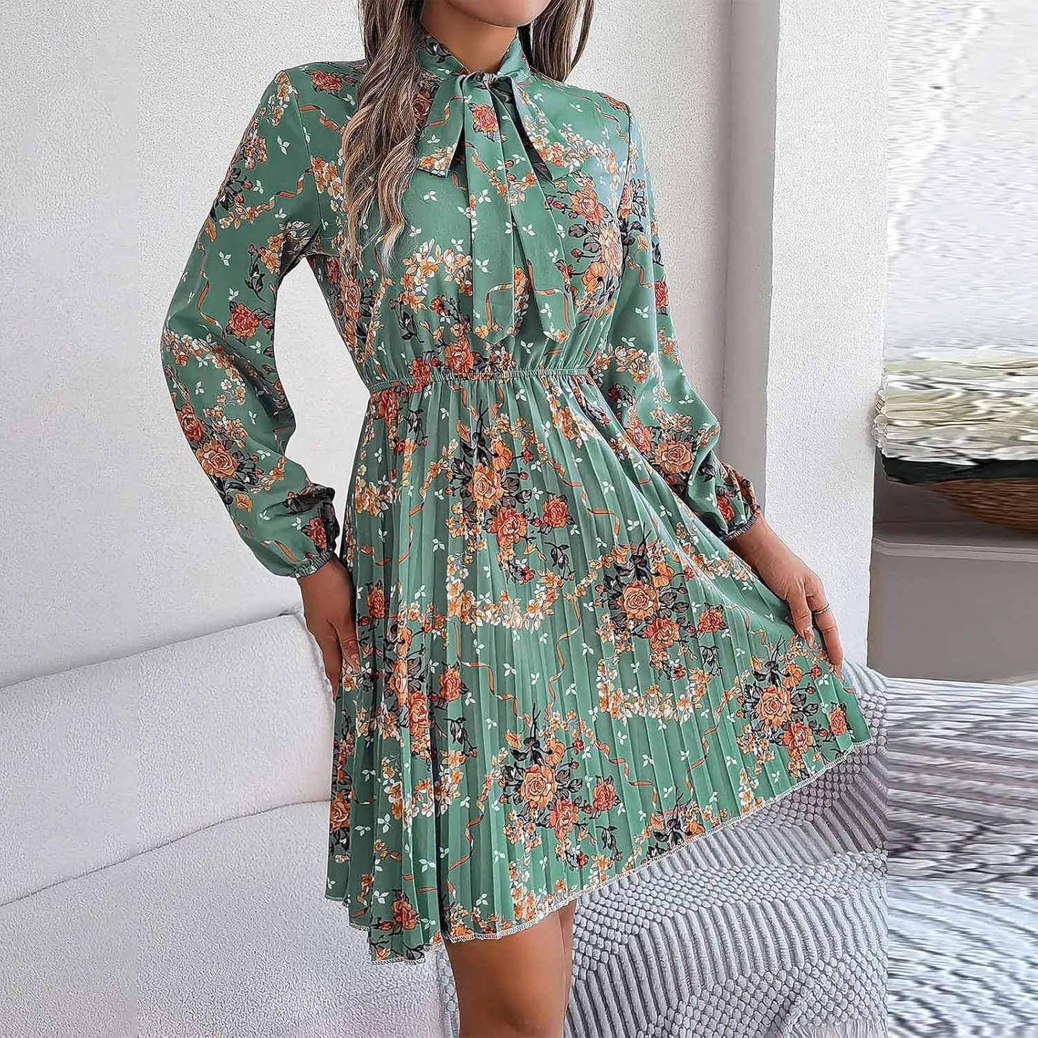 Casual Dresses for Women Womens Long Sleeve Dress Swing Crew Neck Tiered Tie Waist A-Line Ruffle Mini Dresses