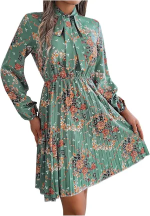 Casual Dresses for Women Womens Long Sleeve Dress Swing Crew Neck Tiered Tie Waist A-Line Ruffle Mini Dresses