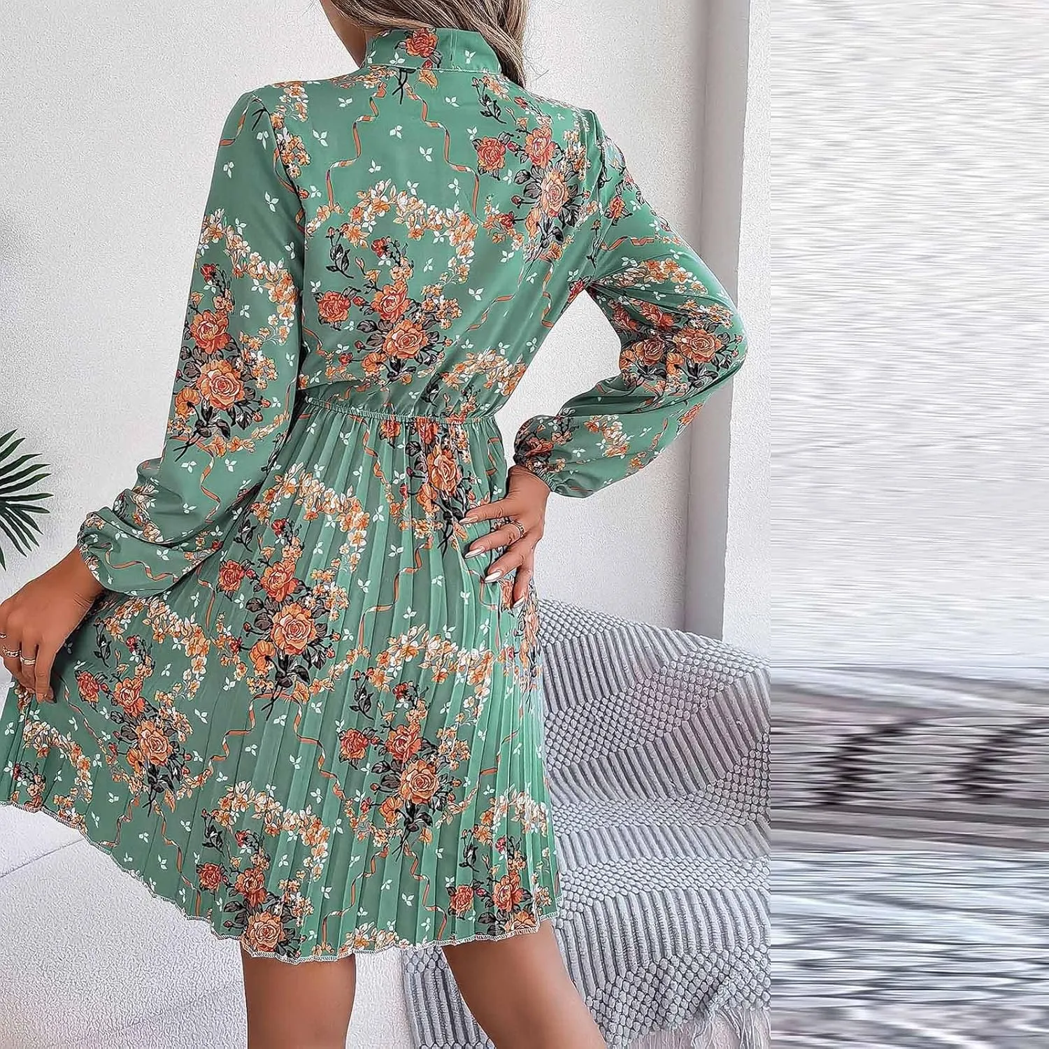 Casual Dresses for Women Womens Long Sleeve Dress Swing Crew Neck Tiered Tie Waist A-Line Ruffle Mini Dresses