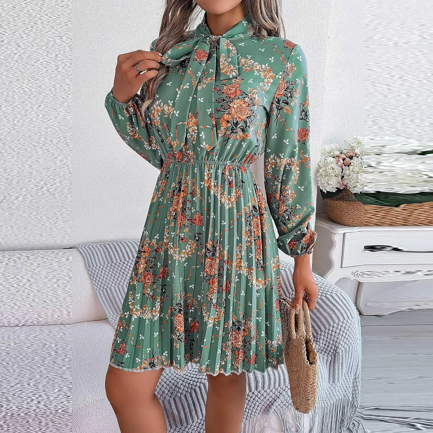Casual Dresses for Women Womens Long Sleeve Dress Swing Crew Neck Tiered Tie Waist A-Line Ruffle Mini Dresses