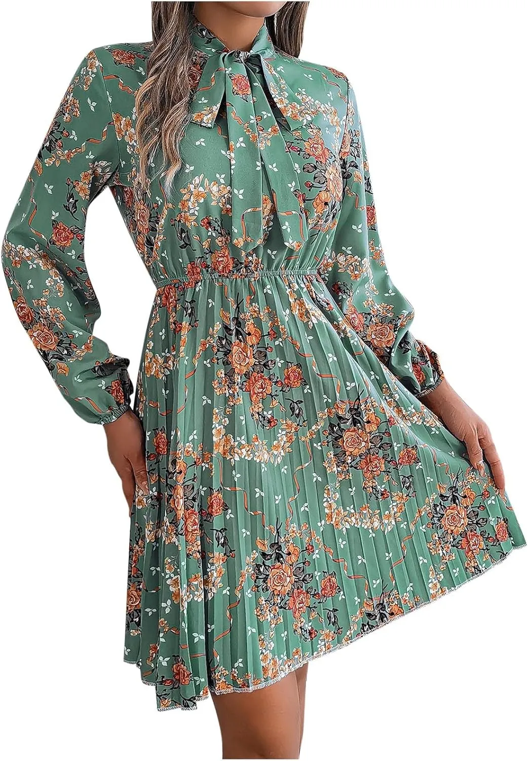 Casual Dresses for Women Womens Long Sleeve Dress Swing Crew Neck Tiered Tie Waist A-Line Ruffle Mini Dresses