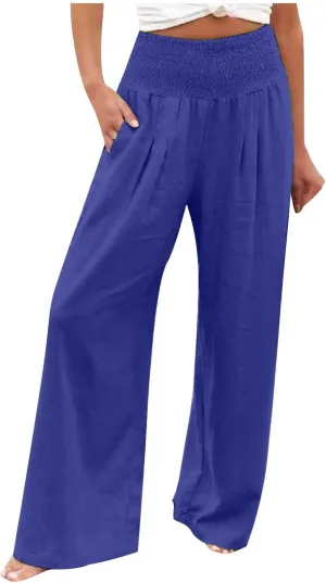 Casual Linen Wide Leg Pants for Women Smocked High Waisted Palazzo Pant Loose Baggy Elastic Waist Trousers