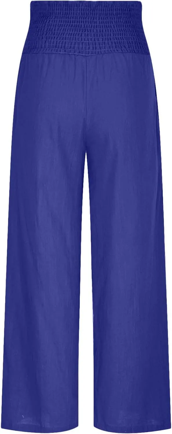 Casual Linen Wide Leg Pants for Women Smocked High Waisted Palazzo Pant Loose Baggy Elastic Waist Trousers