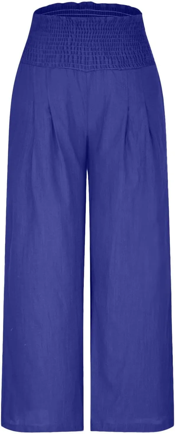 Casual Linen Wide Leg Pants for Women Smocked High Waisted Palazzo Pant Loose Baggy Elastic Waist Trousers