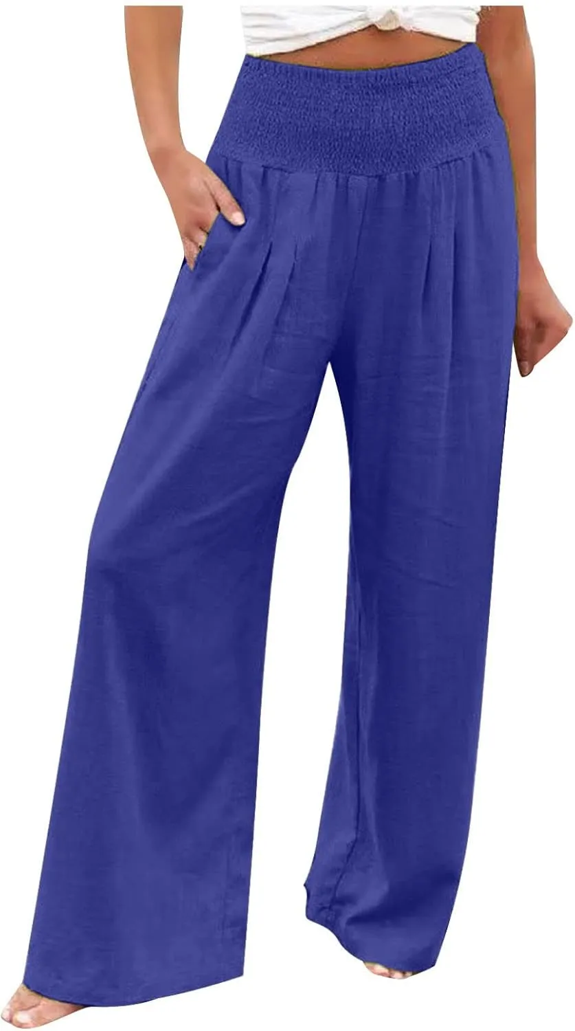 Casual Linen Wide Leg Pants for Women Smocked High Waisted Palazzo Pant Loose Baggy Elastic Waist Trousers