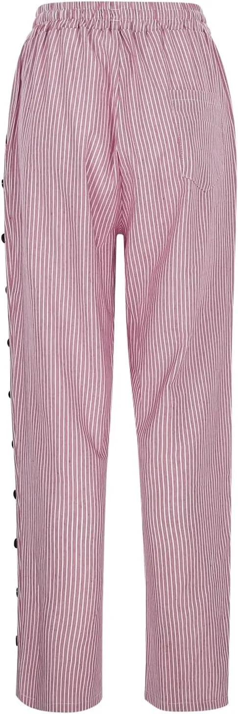 Casual Pants for Women Stripe Print Side Button Up Trendy Pants Straight Leg Baggy Trousers with Pockets
