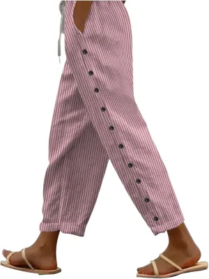 Casual Pants for Women Stripe Print Side Button Up Trendy Pants Straight Leg Baggy Trousers with Pockets