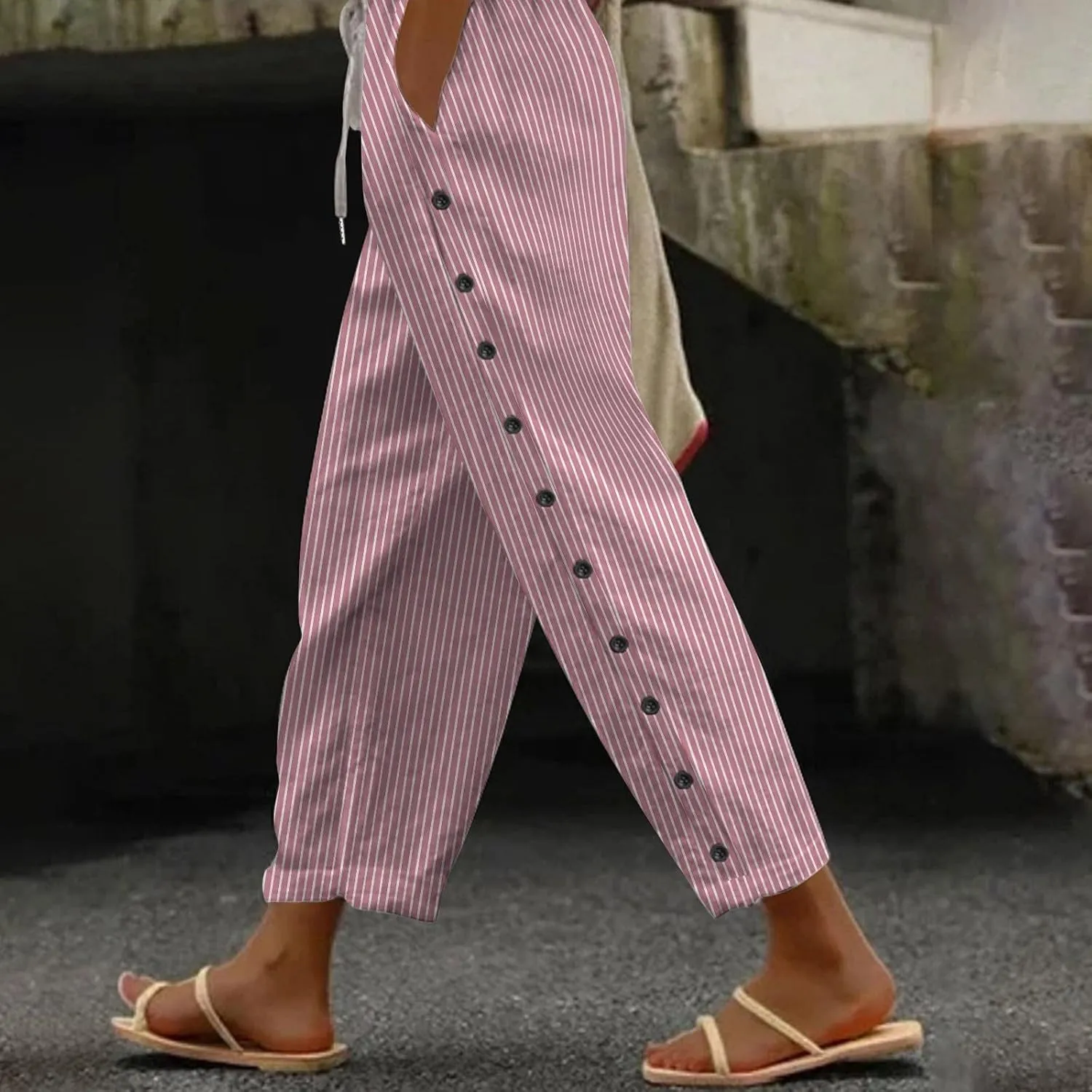 Casual Pants for Women Stripe Print Side Button Up Trendy Pants Straight Leg Baggy Trousers with Pockets