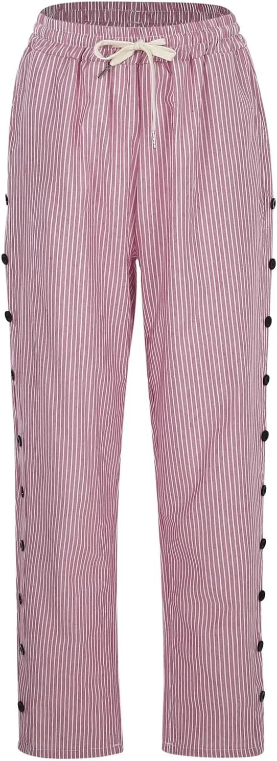 Casual Pants for Women Stripe Print Side Button Up Trendy Pants Straight Leg Baggy Trousers with Pockets