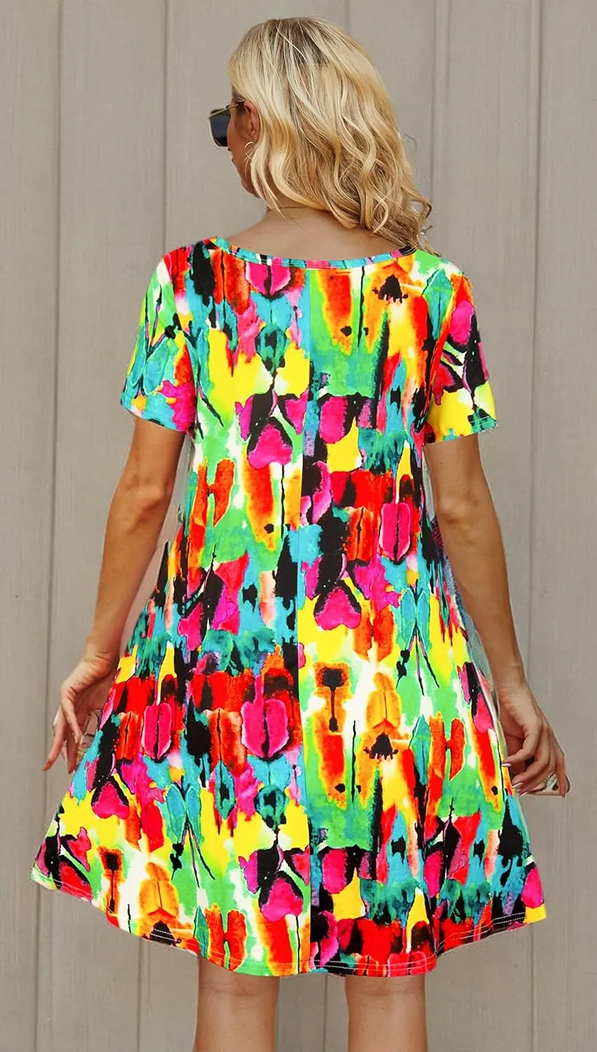 Casual Summer Dresses for Women Beach Sundress Short Sleeve Tshirt Dress with Pockets