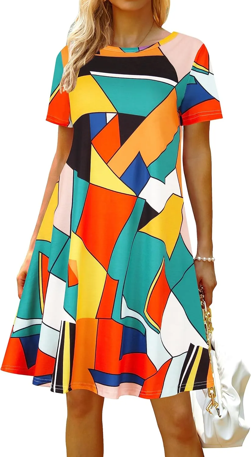 Casual Summer Dresses for Women Beach Sundress Short Sleeve Tshirt Dress with Pockets