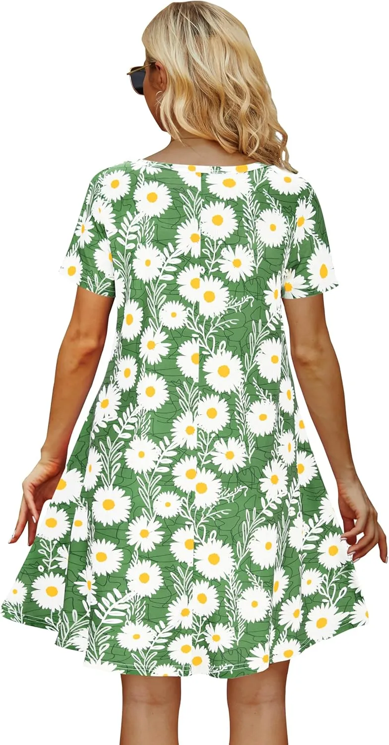 Casual Summer Dresses for Women Beach Sundress Short Sleeve Tshirt Dress with Pockets