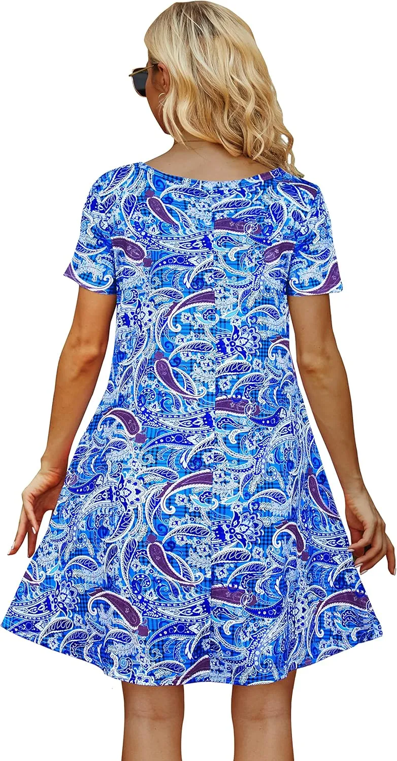 Casual Summer Dresses for Women Beach Sundress Short Sleeve Tshirt Dress with Pockets