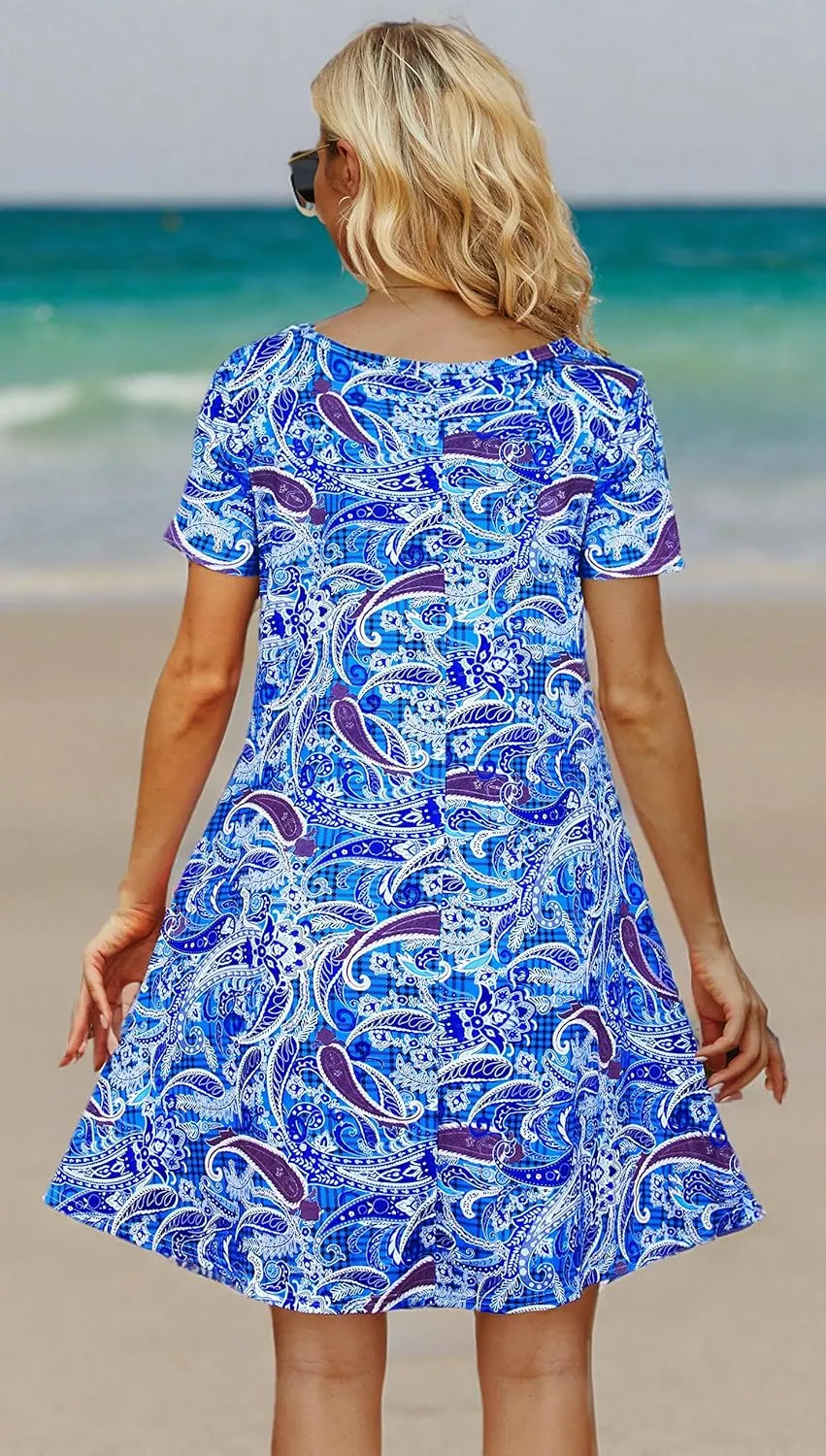 Casual Summer Dresses for Women Beach Sundress Short Sleeve Tshirt Dress with Pockets
