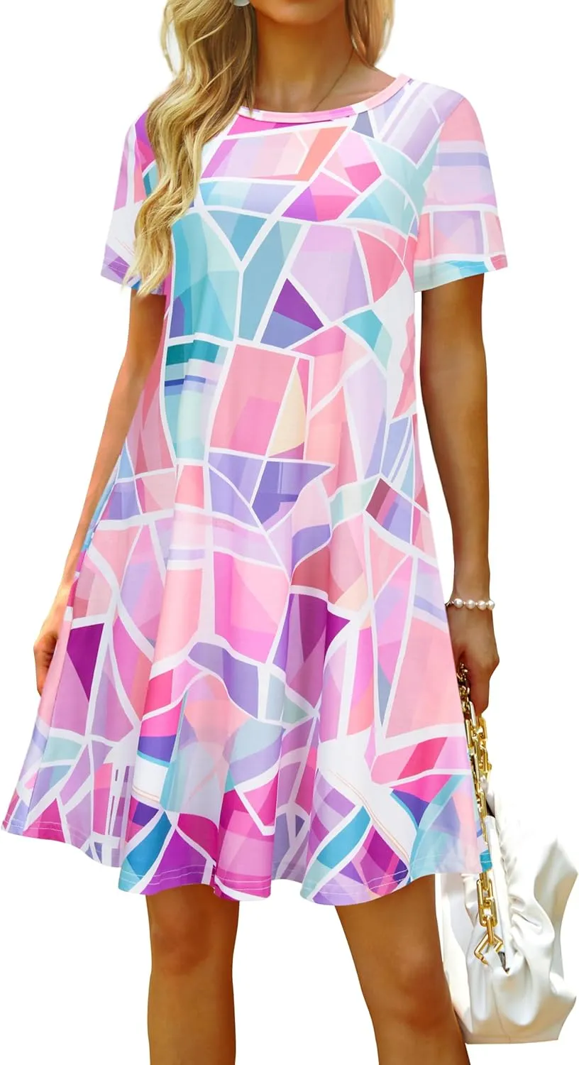 Casual Summer Dresses for Women Beach Sundress Short Sleeve Tshirt Dress with Pockets