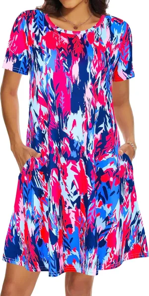 Casual Summer Dresses for Women Beach Sundress Short Sleeve Tshirt Dress with Pockets