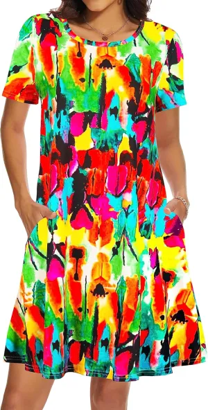 Casual Summer Dresses for Women Beach Sundress Short Sleeve Tshirt Dress with Pockets