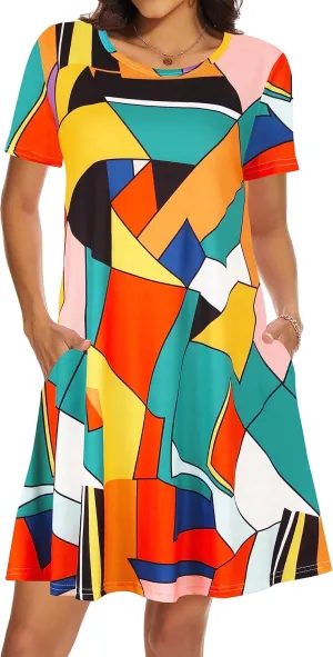Casual Summer Dresses for Women Beach Sundress Short Sleeve Tshirt Dress with Pockets
