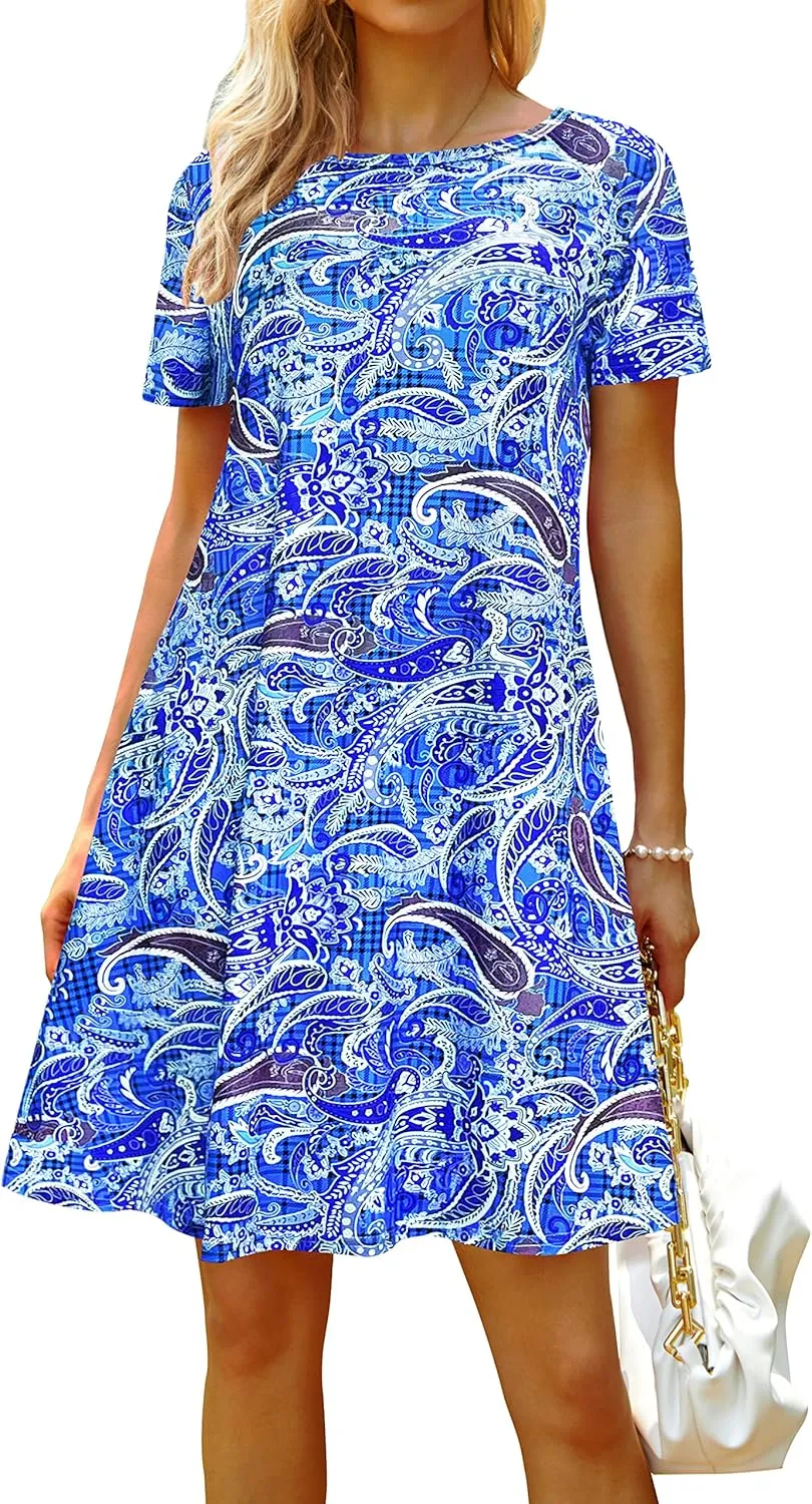 Casual Summer Dresses for Women Beach Sundress Short Sleeve Tshirt Dress with Pockets