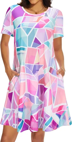 Casual Summer Dresses for Women Beach Sundress Short Sleeve Tshirt Dress with Pockets