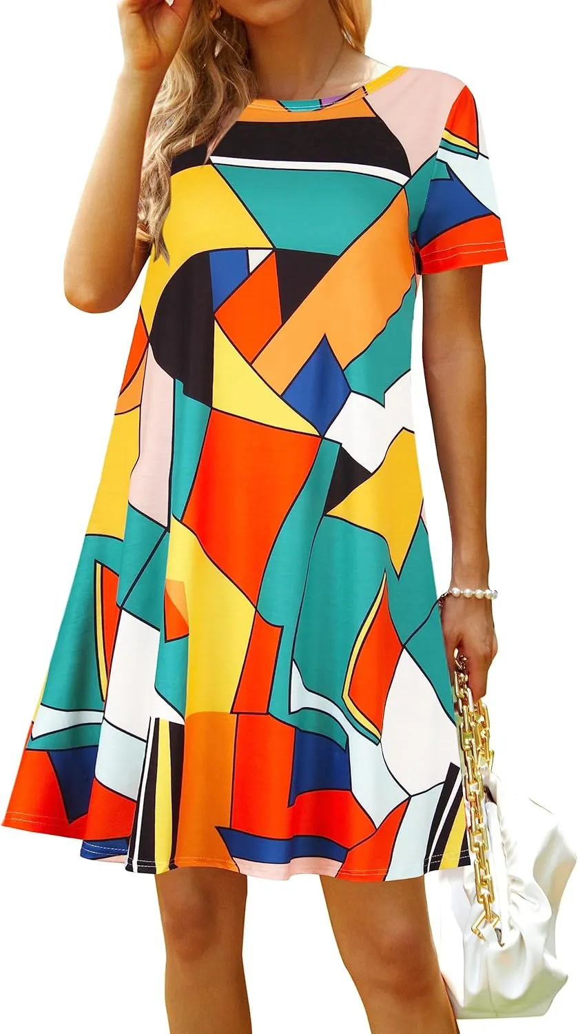 Casual Summer Dresses for Women Beach Sundress Short Sleeve Tshirt Dress with Pockets