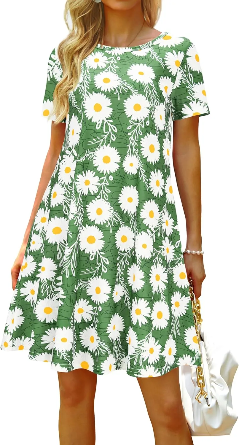 Casual Summer Dresses for Women Beach Sundress Short Sleeve Tshirt Dress with Pockets