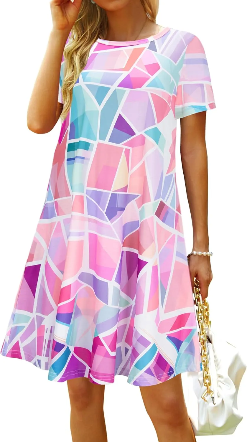 Casual Summer Dresses for Women Beach Sundress Short Sleeve Tshirt Dress with Pockets