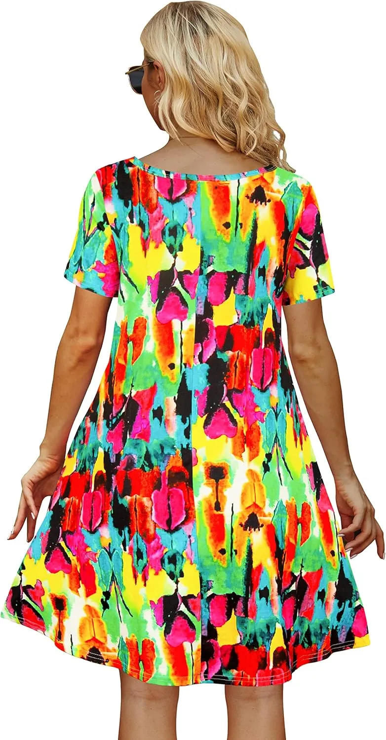 Casual Summer Dresses for Women Beach Sundress Short Sleeve Tshirt Dress with Pockets
