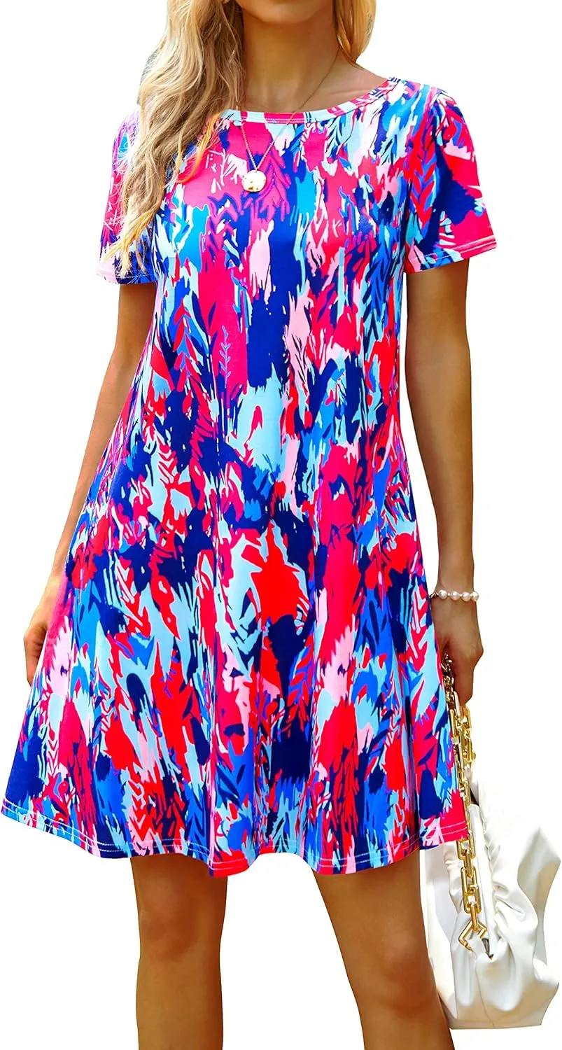 Casual Summer Dresses for Women Beach Sundress Short Sleeve Tshirt Dress with Pockets