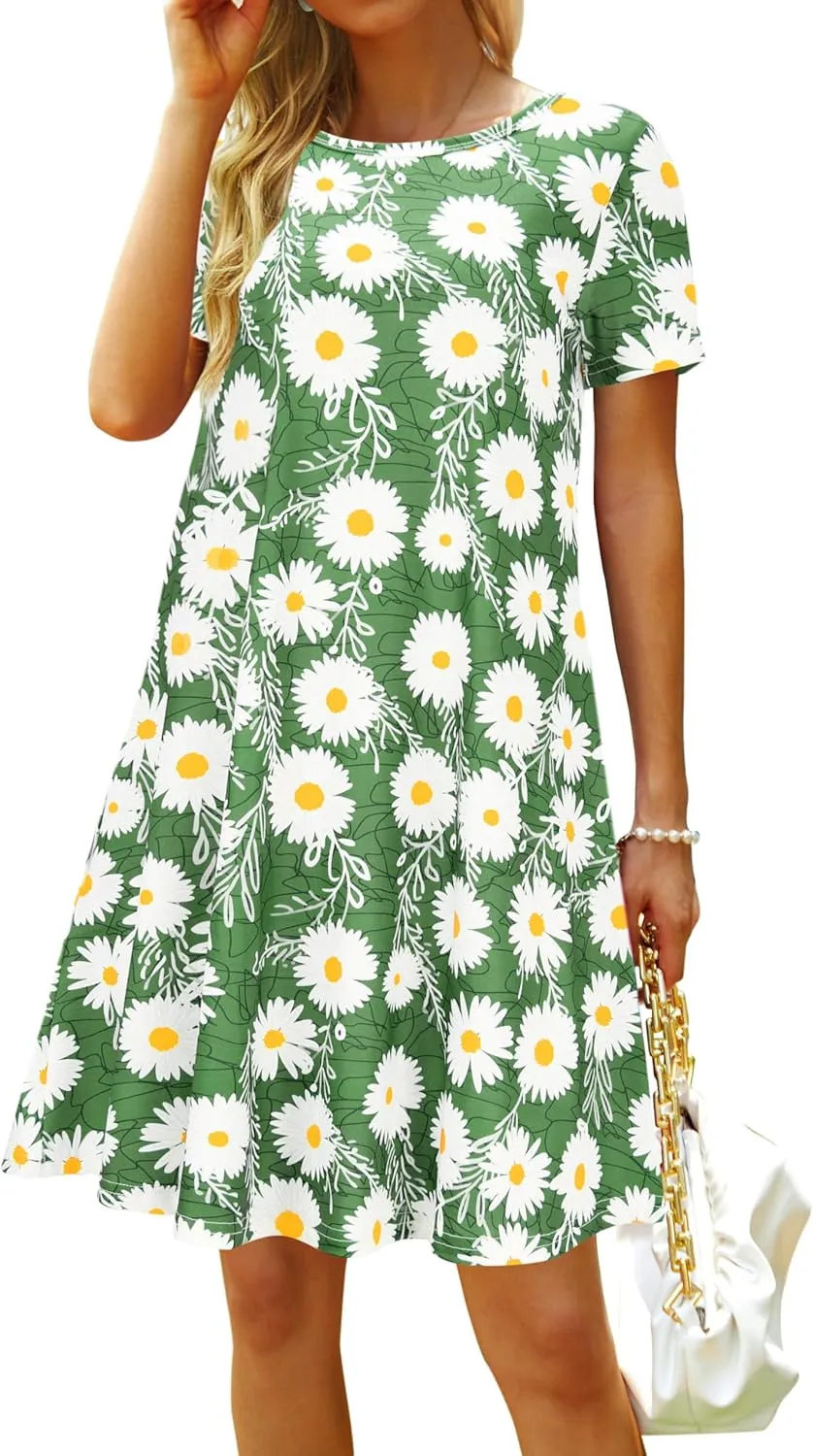 Casual Summer Dresses for Women Beach Sundress Short Sleeve Tshirt Dress with Pockets