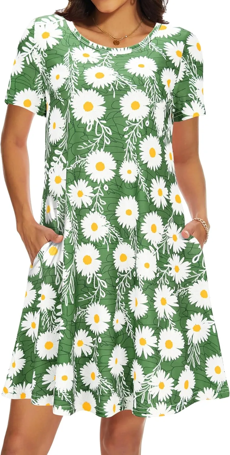 Casual Summer Dresses for Women Beach Sundress Short Sleeve Tshirt Dress with Pockets
