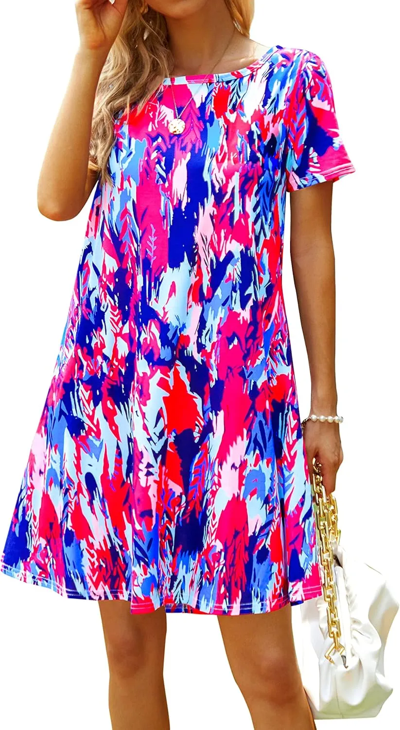 Casual Summer Dresses for Women Beach Sundress Short Sleeve Tshirt Dress with Pockets