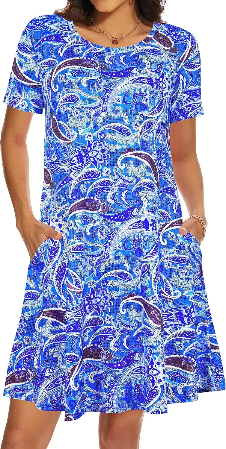 Casual Summer Dresses for Women Beach Sundress Short Sleeve Tshirt Dress with Pockets